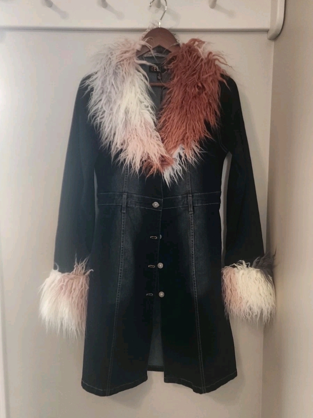 Dolls Kill Delias Mongolian Fur Denim Coat Size Small NWT